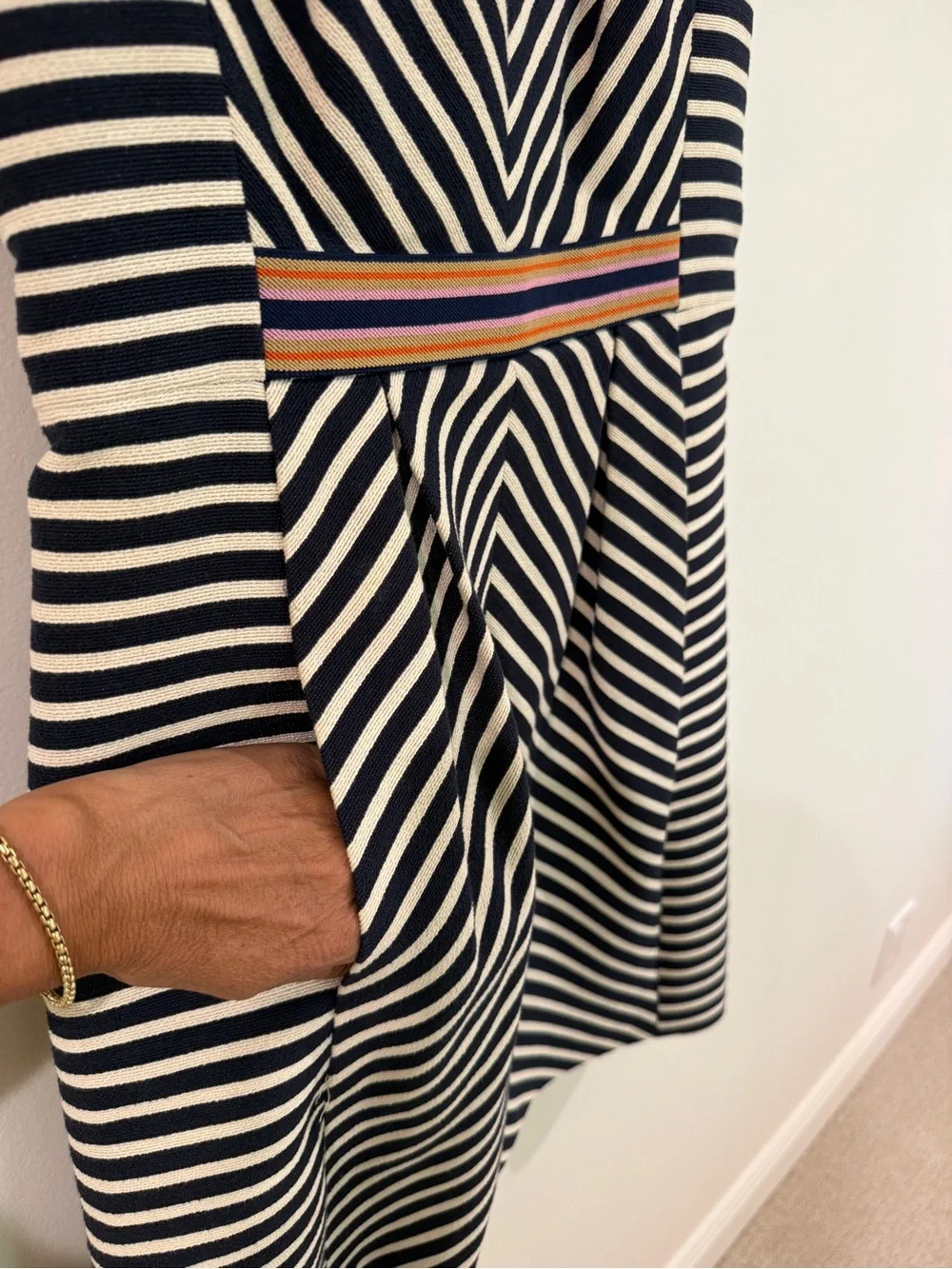 Anthropologie Maeve Navy and White Striped V-Neck Fit & Flare Dress